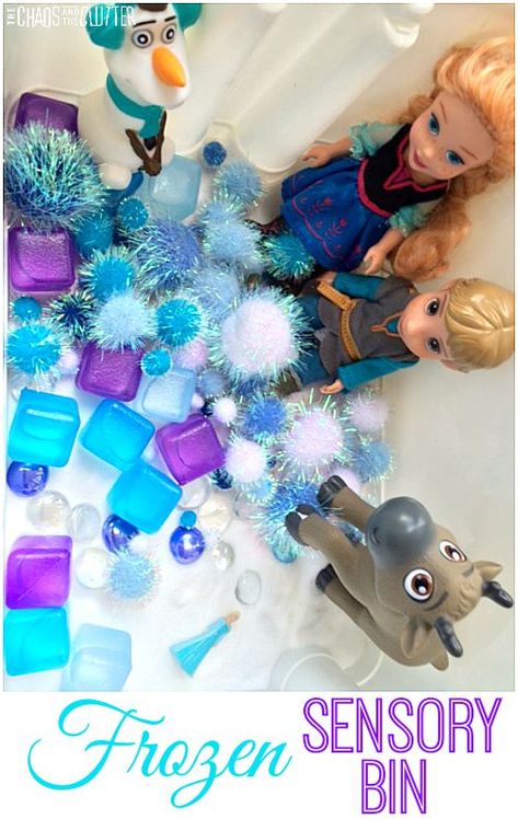 Frozen inspired sensory bin Frozen Classroom, Frozen Activities, Daycare Themes, Sensory Tubs, Toddler Themes, Sensory Boxes, Sensory Bottles, Frozen Theme, Frozen Inspired