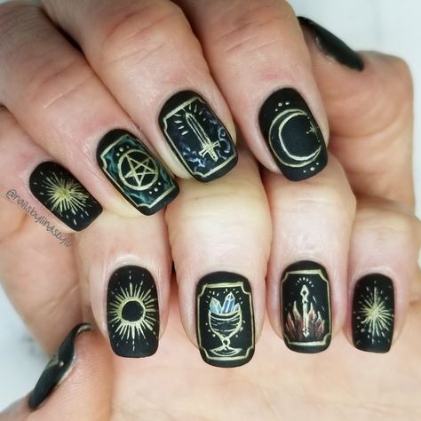 Tarot card nail art handpainted by @nailsbylindseylu Card Nail Art, Card Nails, Witchy Nails, Nails Stiletto, Gothic Nails, Toe Nail Designs, Beautiful Nail Designs, Silver Nails, Gel Nail Designs