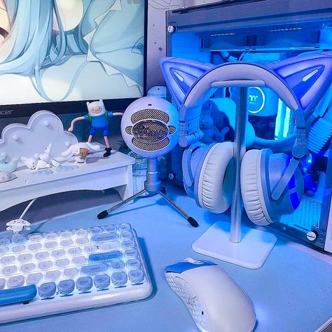 Pc Setup Blue, Blue Pc Setup, Design Gaming Room, Gamer Setup, Otaku Room, Blue Game, Gamer Room Decor, Video Game Room Design, Gaming Setups