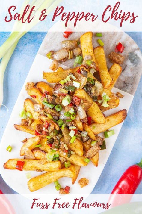 These Chinese salt and pepper chips (or salt and chilli chips) is a takeaway comfort food favourite. Make them at home in minutes for the freshest, healthiest version you will find. Use vegetable oil and chinese five spice to make these french fries at home |best chips recipe| chinese food recipes | best french fry recipe| #potatoes #fakeaway #chips Salt And Chilli Chips, Recipe Chinese Food, French Fry Recipe, Chinese Fakeaway, Salt And Pepper Chips, French Fries At Home, Chinese Five Spice, Chinese Food Recipes, Fakeaway Recipes