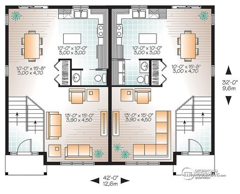 Multi family plan W3062 detail from DrummondHousePlans.com Semi Detached House Plans, Bi Level Homes, Pocket Neighborhood, Drummond House Plans, Build House, Duplex Design, Pooja Room Door Design, Duplex House Plans, House Layout