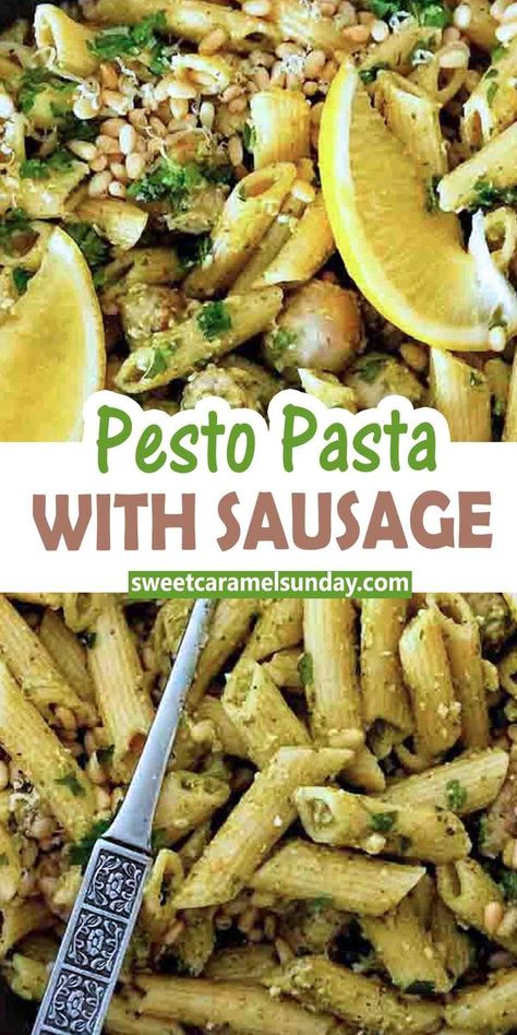 Pesto Pasta with sausage with comforting and delicious. Save time and use store bought pesto, chunky pork sausages and simple penne pasta! Sausage Broccoli Pesto Pasta, Pesto Pasta With Italian Sausage, Pesto Pasta With Chicken Sausage, Penne Pasta With Italian Sausage And Spinach, Pork Pesto Recipes, Sausage Pesto Pasta Recipes, Sausage And Pesto Pasta, Chicken Sausage Pesto Pasta, Pesto Pasta With Sausage