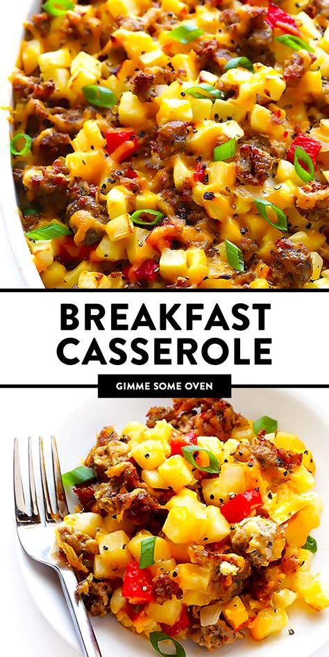 This easy cheesy breakfast casserole is loaded up with potato hashbrowns, zesty sausage, cheddar cheese, eggs, and red peppers. It's easy to make and always a crowd-pleaser for brunch! | gimmesomeoven.com #breakfast #casserole #brunch #sausage #egg #bake #cheese #glutenfree Hot Sausage Breakfast Recipes, Diced Potatoes Breakfast Casserole, Potatoes Obrien Casserole Breakfast, Ground Sausage Recipes For Dinner Easy Breakfast Casserole, Breakfast Casserole With Fresh Potatoes, Brunch Sausage, Potatoes Breakfast, Cheesy Breakfast Casserole, Cheesy Breakfast