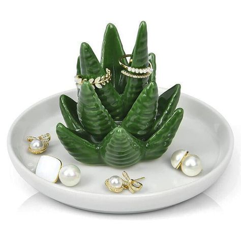 PRICES MAY VARY. Great Gifts:A great gift for engagment,wedding,anniversary,Valentines,birthday,or friends to whom love Succulent Plants. Size:Measures approximately 5.11"L x 5.11"W x 4.1"H Quality:Crafted from great quality glazed ceramic,Well packed with styrofoam and white box,not easy broken. Space-Saving and Convenient:Store rings on its leaf of aloe or necklace,earring,hand chain, bracelets, and small jewelry in the dish.Leave it by the sink or kitchen to collect your rings as you wash you Cactus Ring, Cactus Ceramic, Green Decoration, Cactus Jewelry, Succulent Jewelry, Jewelry Trays, Ceramic Ring Dish, Ceramic Succulent, Ceramic Color