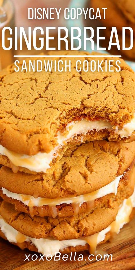 Epcot Gingerbread Cookie Recipe, Disney Copycat Cookie Recipes, Gingerbread Crinkle Cookie Sandwiches, Buttercream Sandwich Cookies, Little Debbie Gingerbread Cookies, Disney Gingerbread Cookies, Disney World Recipes Copycat, Disney Christmas Recipes, Christmas Cookie Sandwiches