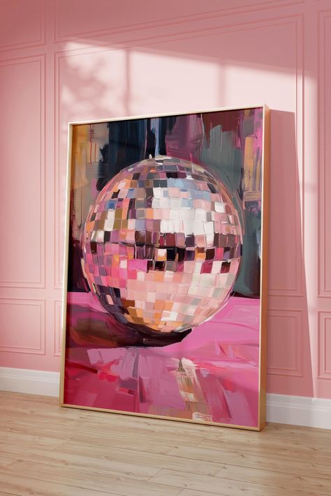 Capture the essence of the disco era with our "Disco Ball" poster, where art meets the timeless disco ball. Perfect for enthusiasts of music and oil painting style.  Add a sparkle to your decor, be it in your living room, bedroom, or studio. This poster is a nod to the glitzy nights of disco. Our heavier-weight, white, premium matte paper has a natural, smooth uncoated finish that feels luxurious to the touch.   Features:   The 200 gsm/ 80 lb paper weight makes it durable and long-lasting. We us Disco Ball Canvas, Mirrorball Poster, Disco Ball Poster, Hot Pink Wall Art, Disco Print, Hot Pink Walls, Art Disco, Fashion Wall Decor, Girly Decor