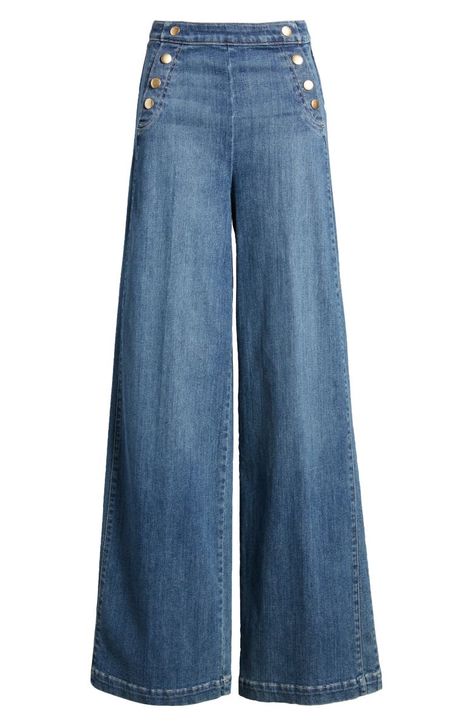 FRAME Sailor Snap High Waist Wide Leg Jeans | Nordstrom How To Style High Waisted Wide Leg Jeans, Bottoms Aesthetic, Colourful Jeans, Trouser Jeans Outfit, Aesthetic Clothes Png, Sailor Jeans, Clothing Png, Wide Leg Jeans Outfit, High Waisted Wide Leg Jeans