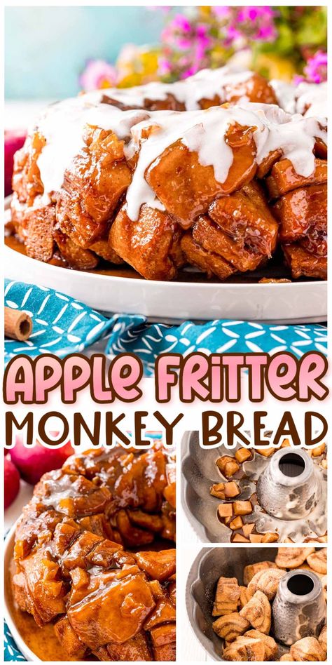 Apple Fritter Monkey Bread is an easy, soft, and sticky pull-apart bread that’s made to share! Chunks of refrigerated cinnamon roll dough and fresh chopped apples are drenched in a sweet and sticky sauce and baked to perfection.  via @sugarandsoulco Crock Pot Monkey Bread, Apple Fritter Monkey Bread, Apple Monkey Bread, Cinnamon Monkey Bread, Sticky Sauce, Cinnamon Roll Monkey Bread, Cream Cheese Bread, Apple Fritter Bread, Cinnamon Roll Dough