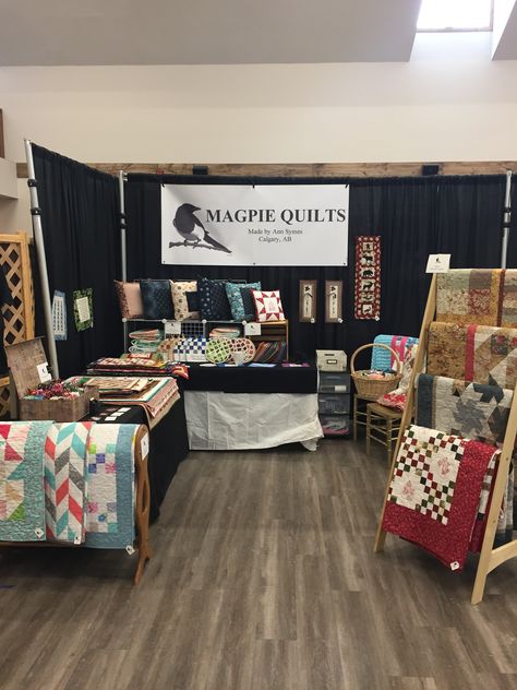 Quilt display booth at Mountain View Events, Cremona, Alberta 2018 Market Booth Display Ideas, Market Booth Display, Booth Display Ideas, Craft Fair Table, Market Booth, Quilt Display, Quilted Boots, Booth Displays, Market Displays