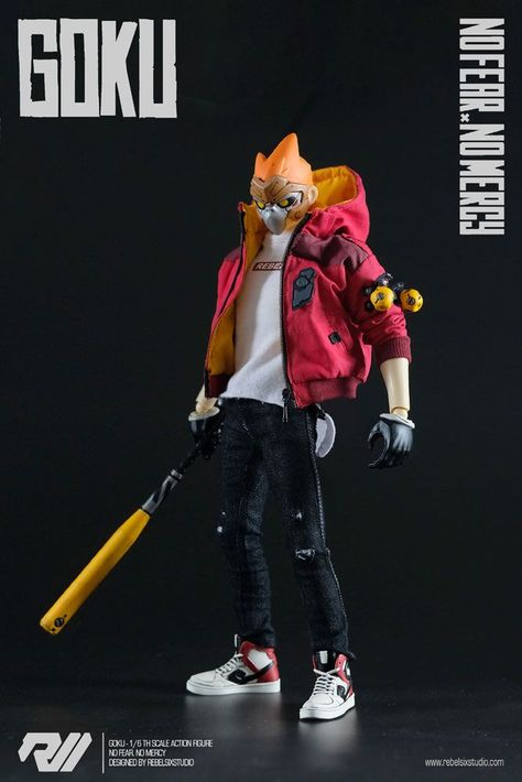 REBELSIX STUDIO presents a unique take on the legendary Monkey King in a futuristic cyberpunk world. Packing some serious streetwear swag, this limited edition figure is one you sure don’t wanna miss! GOKU - NO FEAR. NO MERCY is a 1/6th scale action figure and is limited to 300 pieces worldwide! Featuring 27 points of articulation, it also showcases the following: Custom detailed tailored clothing with decals · Stylized design with weathered detailing · 1x Head scuplt GOKU · 1x 12” Articulated… Cyberpunk World, Futuristic Cyberpunk, The Slums, Art Toys Design, No Mercy, Custom Action Figures, Monkey King, Vinyl Toys, No Fear