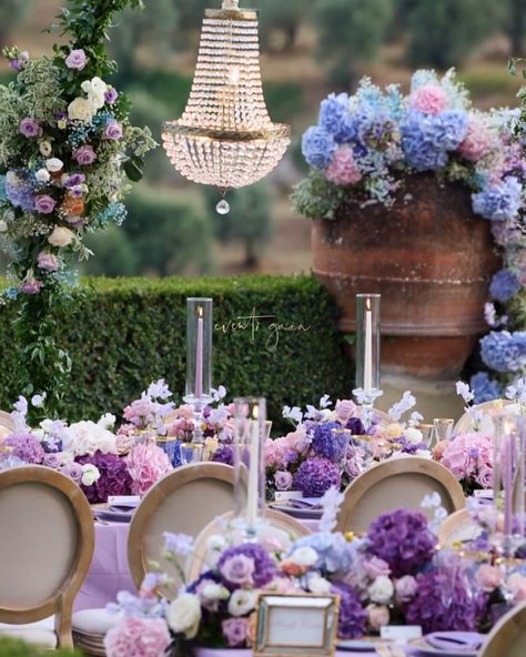 Enchanted by this dreamy wedding setup in light purple, pink, and blue hues. Crystal chandeliers and lush florals create a fairytale ambiance. Pure magic! 💜🌸💙 #eventigaia #destinationwedding #DreamWedding #PastelElegance #UnforgettableMoments #purplewedding #exclusivedesign Blue And Purple Wedding Decorations, Purple Wedding Decorations, Wedding Setup, Wedding Set Up, Crystal Chandeliers, Blue Party, Dreamy Wedding, Purple Wedding, Blue Hues