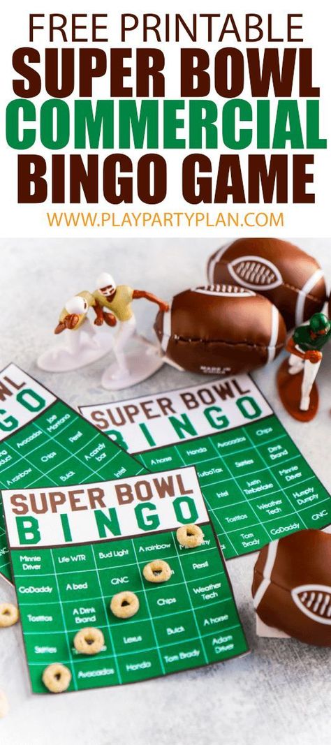 These free printable Super Bowl commercial bingo cards are perfect for kids and for adults! Definitely one of the most fun Super Bowl party games, we are for sure going to play this year! Tons of other Super Bowl party ideas too! Super Bowl Commercial Bingo, Party Food Ideas For Adults Entertaining, Super Bowl Activities, Super Bowl Bingo, Supper Bowl, Party Food For Adults, Superbowl Party Games, Adult Snacks, Superbowl Food