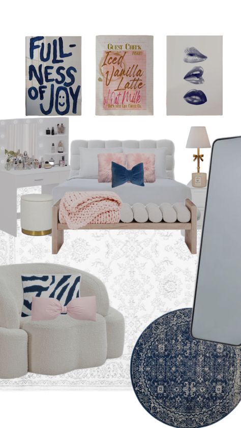 Bedroom decor Navy Pink Bedroom, Pink And Navy Bedroom, Navy And Pink Bedroom, Girly Bedroom Decor, Navy Bedroom, Classy Rooms, Pink Dorm, Dream Apartment Decor, College Apartment Decor