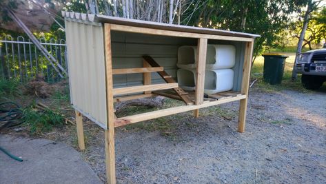 Chicken coop during construction, awaiting mesh and hinges for doors. Nesting boxes are from 20L drums. Hoop Coop With Nesting Boxes, Milk Crate Nesting Boxes For Chickens, External Chicken Nesting Boxes, Chicken Tractor With Nesting Boxes, Silkie Chickens Coop, Nesting Box Herbs For Chickens, Conex Box Chicken Coop, Chicken Hut, Chicken Brooder