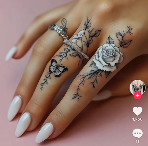 Pretty Hand And Finger Tattoos For Women, Womens Fingers Tattoo, Ring Finger Flower Tattoo, Hand Finger Tattoos For Women, Woman’s Finger Tattoos, Ladies Arm Tattoo Ideas, Girl Hand Tattoos, Ladies Hand Tattoos, Womens Hand Tattoos Ideas