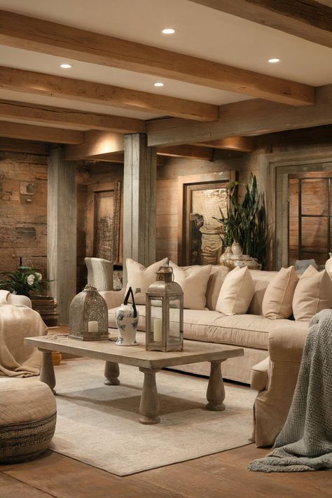 A cozy basement with French country decor, featuring elegant furniture and a calming color palette for a peaceful retreat. English Basement Ideas, French Country Basement, Country Basement, Rustic Lantern Decor, English Basement, Cozy Basement Ideas, Cozy Ideas, Basement Decorating Ideas, Basement Decorating