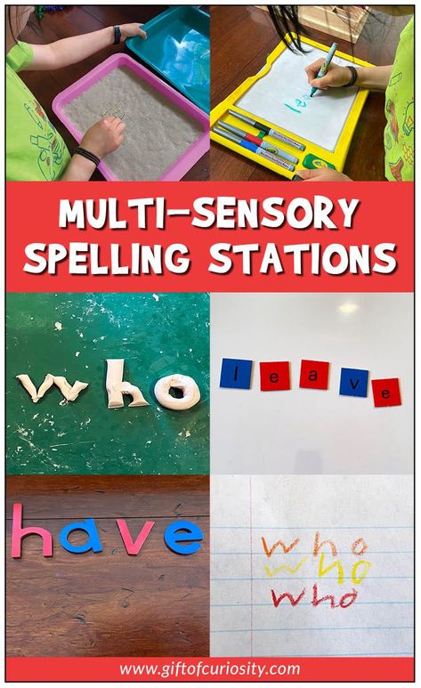 Spelling practice doesn't have to be boring! Learn how to set up multi-sensory spelling stations that are fun, engaging, and best of all. . . effective! #spelling #giftofcuriosity || Gift of Curiosity Spelling Stations, Multisensory Phonics, Sensory Classroom, Multisensory Activities, Tactile Learning, Teaching Sight Words, Rainbow Writing, Teaching Spelling, Multi Sensory