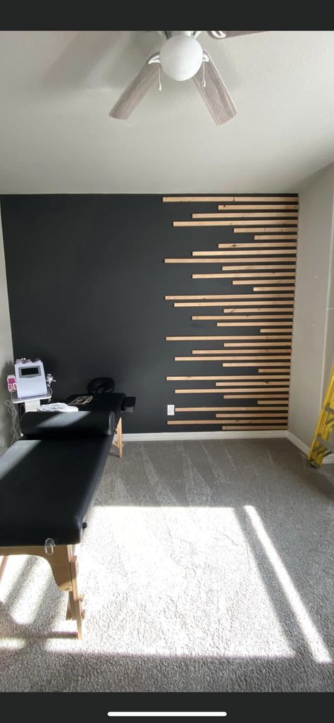 Living Room Accent Wall Wood Slat, Black Wall Wood Accents, Wood Slat Accent Wall Entryway, Bed Slats Diy Projects, Wood Slate Accent Wall, Half Slat Wall, Black Wall With Wood Slats, Behind Tv Accent Wall, Vertical Slats Wall