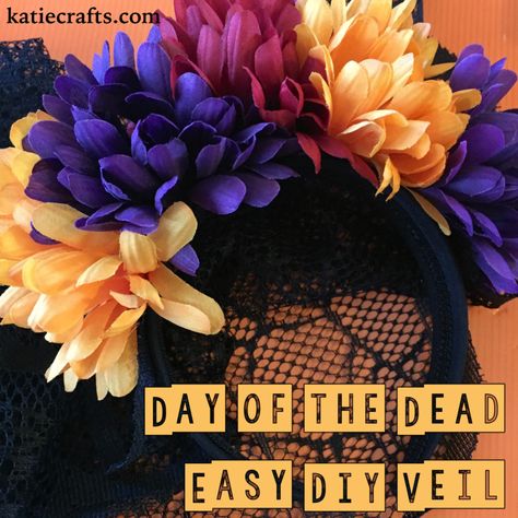 Day of the Dead Easy DIY Veil • Katie Crafts Diy Veil Headband, Day Of The Dead Headpiece Diy, Diy Veil, Veil Diy, Veil Headband, Simple Veil, Black Lace Fabric, Headpiece Diy, Silk Bouquet