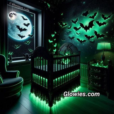 Beetlejuice Nursery, Gothic Nursery Ideas, Goth Baby Nursery, Gothic Baby Nursery, Spooky Nursery, Gothic Nursery, Halloween Nursery, Dark Nursery, Nursery Layout