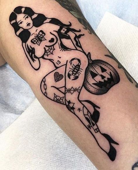 Demoness Tattoo, Spooky Pinup Tattoo, Pin Up Girl Tattoos, Traditional Tattoo Pin Up, Pin Up Tattoo, Octopus Tattoo Sleeve, Tato Tradisional, Pin Up Girl Tattoo, Wicked Tattoos