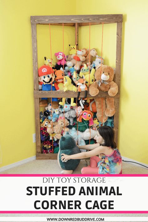 Stuffed Animal Corner Cage | Stuffed Animal Holder | DIY Stuffed Animal Holder | Stuffed Animal Storage | DIY Stuffed Animal Storage | Toy Storage | DIY Toy Storage | Stuffed Animal Zoo | Stuffed Animal Jail | Zoo for Stuffed Animals | DIY Stuffed Animal Zoo | DIY Stuffed Animal Jail | Down Redbud Drive #toystorage #stuffedanimalstorage #diytoystorage #diyfurniture Stuffed Animal Corner, Stuffed Animal Storage Diy, Stuffed Animal Holder, Craft Organization Diy, Baby Toy Storage, Diy Bedroom Storage, Diy Toy Storage, Room Storage Diy, Pet Organization