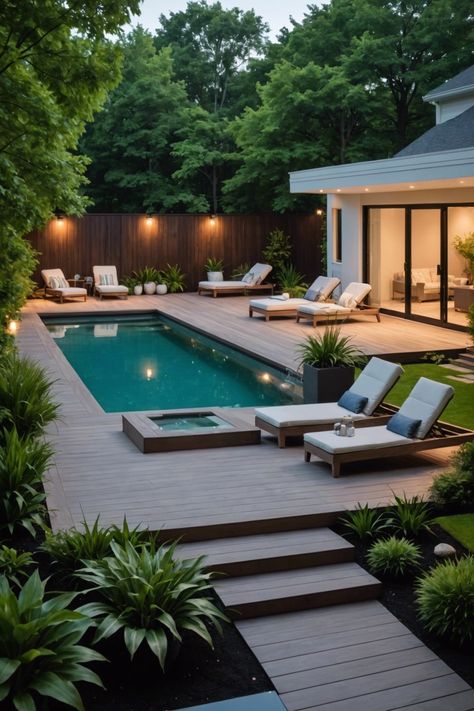 20 Elegant Semi Above Ground Pool Designs - Toolz Geek Outside Swimming Pool, Pool With Deck Attached To House, Backyard Landscaping With A Pool, In Ground Pool Designs, Semi Inground Pool Ideas On Slope, Oval Pool Deck Ideas, Raised Pool Ideas, Above Ground Pool Steps Ideas, Backyard Ideas Pool