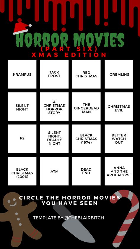 Horror Movie Bingo (Part Six Christmas Edition) Instagram Story Template Christmas Horror Movies List, Horror Movie Bingo, Scary Christmas Movies, Horror Movie Challenge, Bingo Movie, Scary Movie List, Movie Bingo, Series Journal, Abc Bible Verses