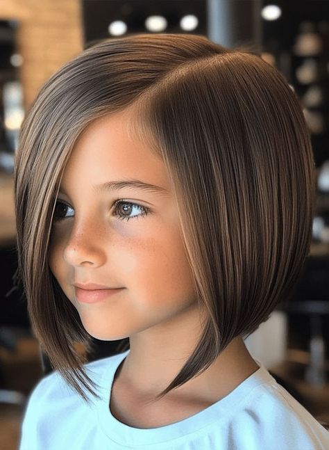 30 Cute Haircuts for 10-Year-Old Girls : Angled Blunt Bob with Golden Highlights I Take You | Wedding Readings | Wedding Ideas | Wedding Dresses | Wedding Theme Kids Long Bob Haircut, Girls Medium Haircut, Girls Medium Haircut Kids, Preteen Haircuts For Girls, Girl Haircuts Medium, Kids Haircut For Girls Medium, Girls Haircut Kids, Bob Haircut For Kids, Girls Bob Haircut