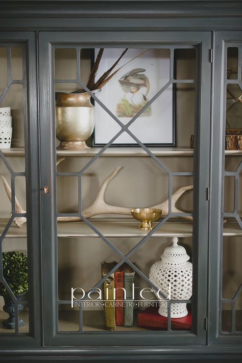 Antique china cabinet painted in Annie Sloan Graphite and French Linen China Cabinet Painted, Antique China Cabinet, China Cabinet Redo, Annie Sloan Graphite, China Cabinet Makeover, Annie Sloan Painted Furniture, Painted China Cabinets, Antique China Cabinets, Dining Furniture Makeover