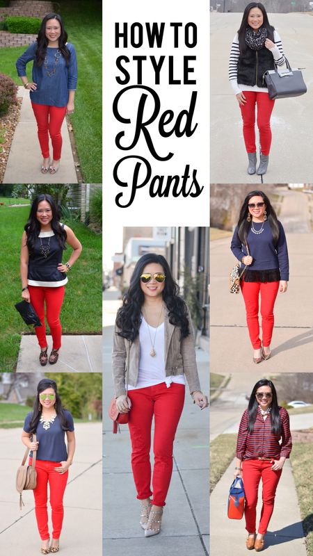 Red Jeans Outfit Fall, Red Pants Fall Outfit, Red Pants Gray Top Outfit, Orange Red Pants Outfit, Red Jegging Outfit, How To Dress Red Pants, Red Capri Pants Outfit, Red Ankle Pants Outfit, How To Style Red Jeans