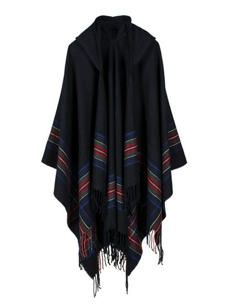 Casual Stripe Tassels Patchwork Hooded Cape Cloak For Women Open Front Poncho, Hoodie Poncho, Black Poncho, Cashmere Cape, Poncho Cardigan, Poncho Shawl, Winter Shawl, Cashmere Pashmina, Cashmere Blanket