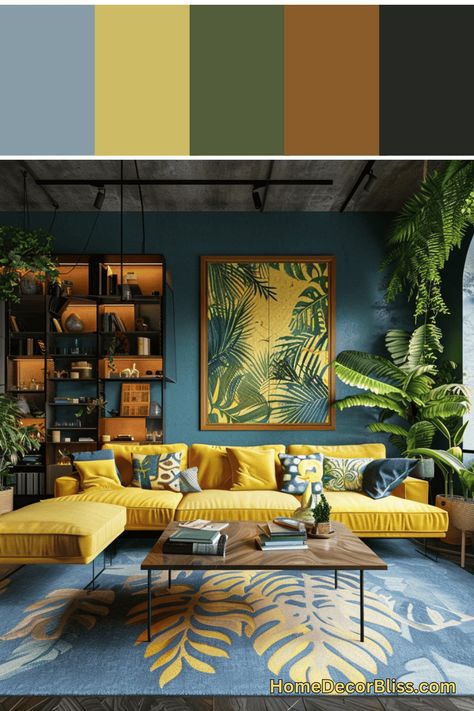 Vibrant Blue and Yellow Nature-Inspired Living Room Concept Green Blue And Yellow Living Room, Brown And Turquoise Living Room, Yellow And Blue Living Room, Blue Brown Room, Nature Inspired Living Room, Mustard Living Rooms, Blue And Yellow Living Room, Blue Walls Living Room, Living Room Turquoise