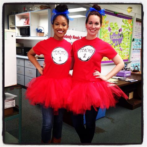 Teacher 1 & Teacher 2: Thing 1 & Thing 2 costumes for Dr. Seuss Birthday Read Across America Dr Suess Thing 1 Thing 2 Costumes, Thing 1 Thing 2 Costume Teacher, Dr Seuss Costumes For Teachers, Dr Suess Costumes For Adults, Thing 1 And Thing 2 Costumes, Thing 1 Thing 2 Costume, Seuss Costumes, Dr Seuss Costumes, Book Characters Dress Up