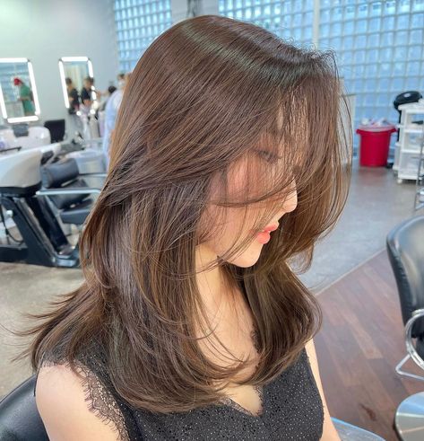 Layered Haircut With Curtain Bangs Asian, Layered Haircuts Korean Style, Layered Hair Asian Medium, 1 Layer Haircut, Korean Hair Medium Length, Korean Hair Layers Medium, Layer Haircut Korean, Asian Hair Medium Length Layered, Asian Medium Length Hair With Layers Straight