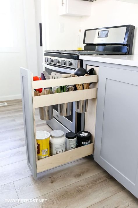 DIY Utensil Pull Out Kitchen Organizer | Vertical Cabinet Organizer 12 Inch Pull Out Cabinet, Utensil Cabinet, Kitchen Pull Out Drawers, Narrow Cabinet Kitchen, Utensil Drawer Organizer, Pull Out Cabinet Drawers, Vertical Cabinet, Pull Out Kitchen Cabinet, Diy Utensils