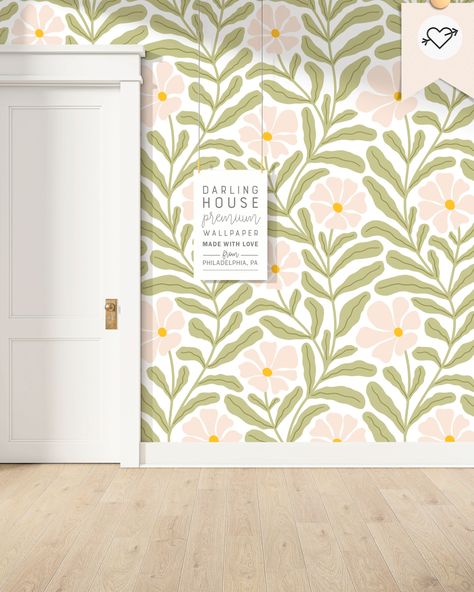 Retro Room Ideas Bedroom, Pink And Green Kitchen Ideas, Flower Wall Murals Painted, Daisy Bedroom Ideas, Flower Mural Wall Paintings, Pink And Green Floral Wallpaper, Simple Wall Mural, Easy Mural, Pink Daisy Wallpaper