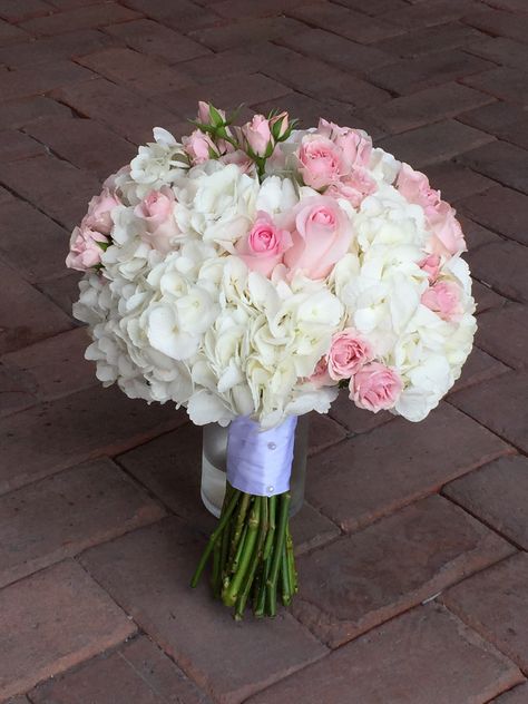 White hydrangea and blush pink rose bouquet by Love In Bloom Florist Key West Hydrangea Rose Bouquet, Green Hydrangea Bouquet, Pink Hydrangea Bouquet, Pink Hydrangea Wedding, White Hydrangea Bouquet, Blush Rose Bouquet, White Orchid Bouquet, Bouquet Styles, Hydrangea Bridal Bouquet