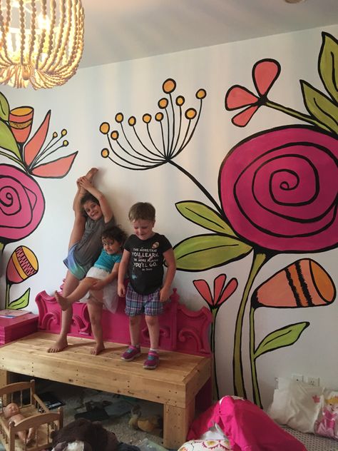 Bedroom Wall Mural Ideas Flower, Murals Around Windows, Flowers Murals Painted Walls, Kids Flower Mural, Flower Painting Mural, Playroom Mural Ideas Garden, Painted Flower Mural Wall, Handpainted Floral Wall Mural, Hand Painted Floral Mural