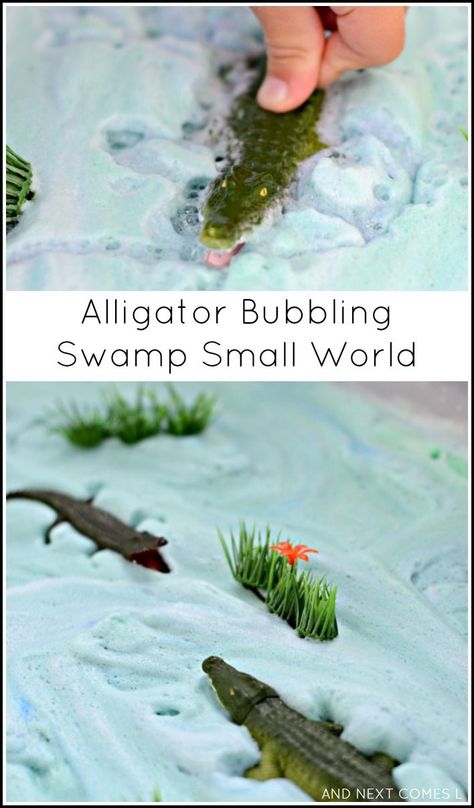 Alligator bubbling swamp small world sensory play for kids from And Next Comes L Alligator Activities, Reptiles Preschool, Alligator Crafts, Wild Florida, Water Study, Preschool Jungle, Jungle Activities, Swamp Theme, Zoo Activities