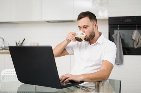 Sipping Coffee, Person Holding Coffee Cup, Person Working On Laptop, Someone Working On Laptop, Man Working On Laptop, Man Drinking Coffee Photography, Smiling Person, Man Illustration, Free Coffee