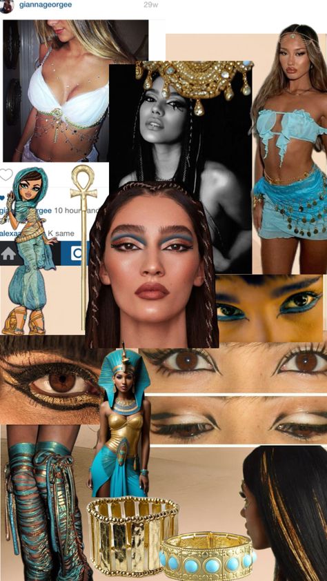 Halloween Costumes Couples Cleopatra, Egyptian Goddess Cosplay, Egyption Costumes Halloween Women, Cleopatra Aesthetic Outfit, Cleo De Nile Costume Diy, Hot Cleopatra Halloween Costumes, Cleopatra And King Tut Costume, Medusa And Cleopatra Halloween, C Costumes