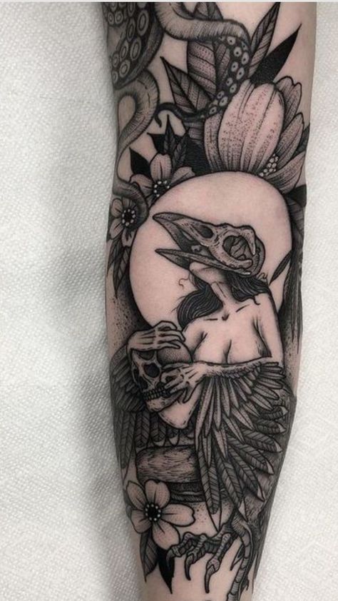 #tattooedwomen #tattoomoodboard #tattooinspo Raven And Skull Tattoo, Raven Skull Tattoo, Ravens Skull, Black Work Tattoo, Model Tattoos, Gotik Tattoo, Forearm Tattoo Design, Tattoos Geometric, Plant Tattoo