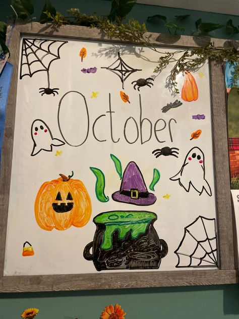 Halloween Whiteboard Art Classroom, Halloween Themed White Board, Dry Erase Halloween Art, College Chalkboard Ideas, White Board Halloween Ideas, October White Board Ideas Calendar, October Whiteboard Calendar, Halloween Dry Erase Board Ideas, October Calendar Ideas Whiteboard