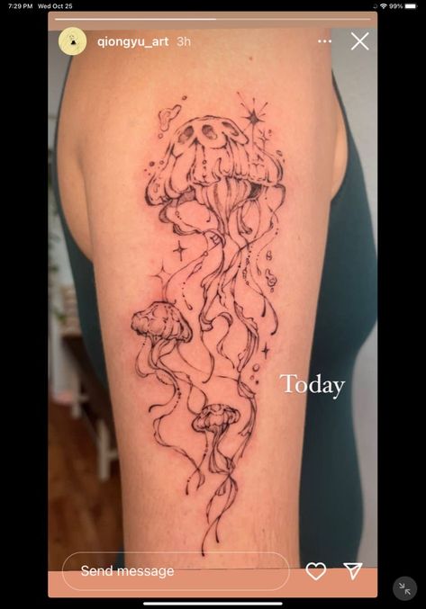 not-given #tattoo #art #jellyfish #tattooed Jellyfish And Koi Fish Tattoo, Jellyfish Tattoo Forearm, Jellyfish Tattoo Meaning, Jellyfish Shoulder Tattoo, Jellyfish Spine Tattoo, Jellyfish Tattoo Thigh, Jellyfish Flower Tattoo, Floral Jellyfish Tattoo, Fish Sleeve Tattoo