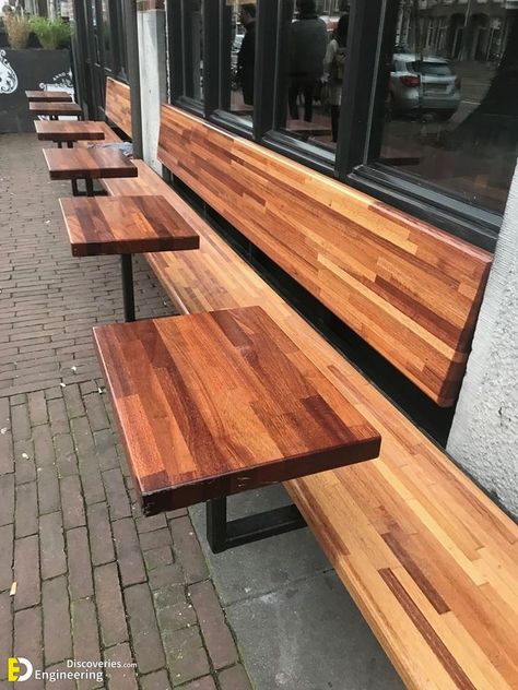 Restaurant Bench Seating, Coffee Seating Area, Outdoor Seating Cafe, Cooking Classes Design, Bench Design Ideas, Cafe Bench, Kursi Outdoor, Outdoor Restaurant Patio, Small Modern House Plans