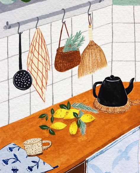 Flora Waycott, Table Illustration, Latest Kitchen Designs, Coffee Illustration, Food Painting, Food Drawing, Illustration Character Design, Gouache Painting, Food Illustrations