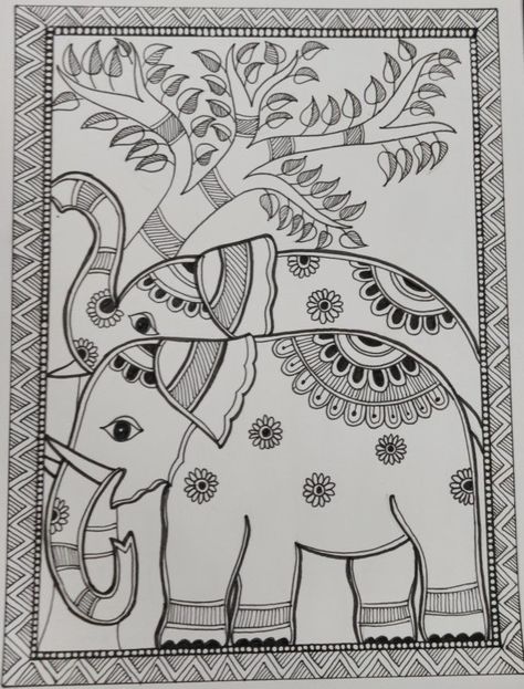 Madhubani Painting Elephant Easy, Madhubani Painting Outline, Madhubani Art Elephant Design, Easy Folk Art Drawing, Elephant Drawing Embroidery, Beautiful Madhubani Art, Madhubani Painting Drawing, Madhubani Pencil Drawing, Madhubani Elephant Design