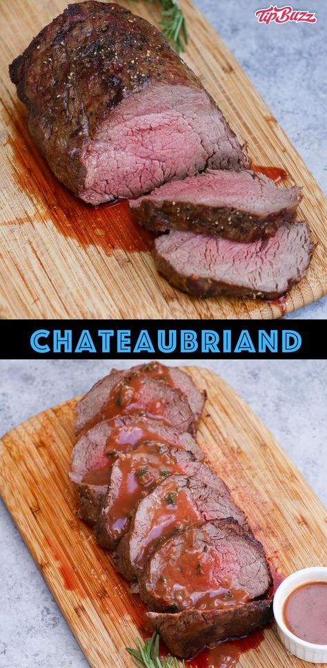 Chateaubriand is a thick center cut of beef tenderloin, sometimes called a chateaubriand steak or filet mignon roast. This traditional French dish is perfect for two served with potatoes and a homemade sauce! Château Briand Recipes, Filet Mignonette Roast, French Roast Beef Recipes, How To Cook Chateaubriand, Sauce For Beef Tenderloin Filet Mignon, Meat Main Course, Chateau Briand Recipe, Chateaubriand Recipe, Filet Mignon Roast