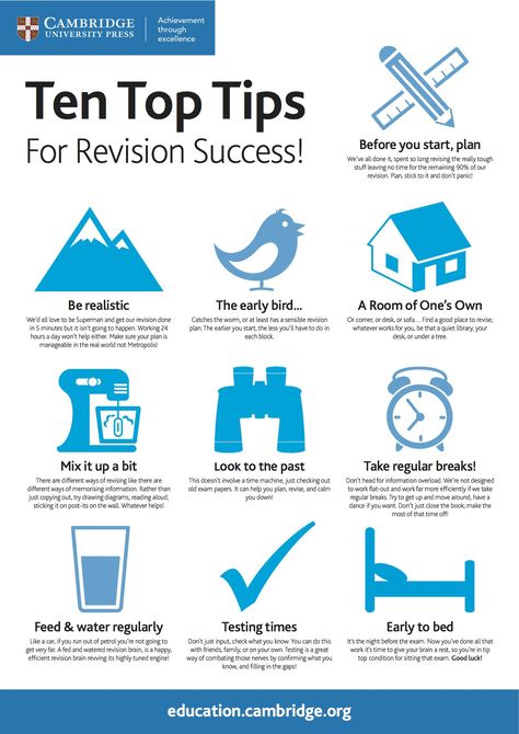 Where's your favourite place to revise? In the library, in your bedroom, under a tree? It's revision time, and we're thinking of you; revising can be tough! Take a look at our infographic 'Ten Top Tips for Revision Success!' and see if we can help. #cambridgeclassroom #edchat #revision Revision Plan, Revision Strategies, A Level Revision, Maths Revision, Revision Techniques, Gcse Maths, Revision Tips, Exam Revision, Gcse Revision